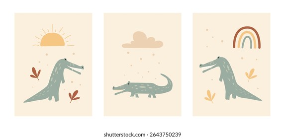 Brighten up a child's room with this set of boho crocodile posters. Each design showcases friendly crocodiles surrounded by nature elements, perfect for nursery decor.