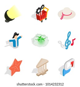 Brighten up icons set. Isometric set of 9 brighten up vector icons for web isolated on white background