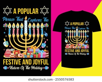 "Brighten the season with a beautiful Hanukkah t-shirt, showcasing elegant designs of menorahs, dreidels, and sparkling stars. A stylish way to celebrate the Festival of Lights!"