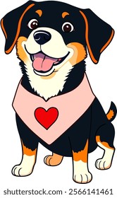 Brighten your day with this cheerful cartoon puppy illustration, featuring a happy black and tan dog wearing a heart-decorated bandana. Perfect for dog lovers and pet enthusiasts.