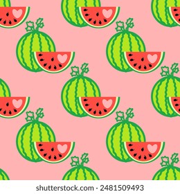 Brighten up your designs with seamless watermelon pattern! Featuring juicy slices with green rinds, red flesh, and black seeds, it's perfect for summer projects, fabric prints, digital backgrounds.