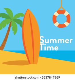 Brighten your project with this vibrant flat vector beach scene featuring a stylized palm tree, surfboard, and lifebuoy on warm golden sand under a clear blue sky. 