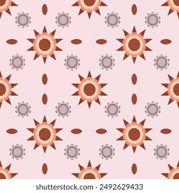 Brighten up your projects with this seamless geometric pattern featuring sun-like shapes and earthy tones. Perfect for fabric, wallpaper, and digital designs, 