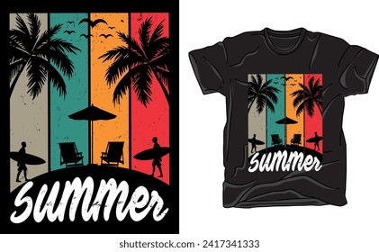 Brighten your summer wardrobe with this vibrant tee. A sunny beach scene, palm trees, and playful waves evoke the essence of summer. Embrace the season in style and comfort.