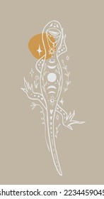 Brightening lizard with moon and stars magic clipart. Mystical dark boho style, good for tattoo. Vector