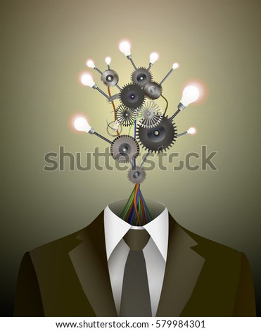 The brightest mind idea, the best brain in the office in retro color, Bright electric bulbs in the man suit on place of the head, always bright idea concept, vector