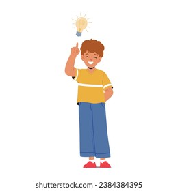 Bright-eyed Boy, With A Beaming Light Bulb Above His Head, Symbolizing Creativity And Inspiration As He Embraces A Brilliant Idea. Child Character with Glowing Lamp. Cartoon People Vector Illustration