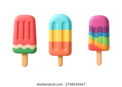 Brightly 3D rendered colored layered popsicles and rainbow ice pops on sticks isolated on white background Brightly 3D rendered colored layered popsicles and rainbow ice pops on sticks isolated on white background