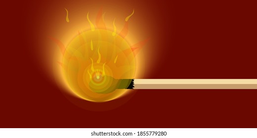 Ein hell brennendes Spiel. Leuchtendes Streichholz mit Feuer und Rauch auf dunklem Hintergrund. Ein leises Brennen.