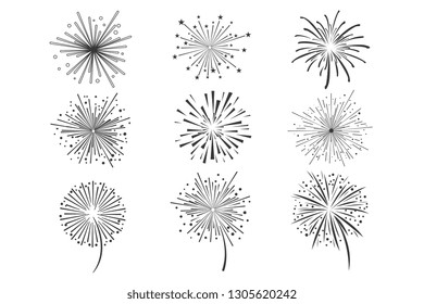 Brightly celebration fireworks set, holiday and party firework design elements vector illustration