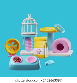 Brightly colored 3D pet shop accessories. Vector illustration set featuring a white cage, yellow brush, food bowls, and toys on a blue background.