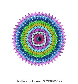 Un diseño abstracto de colores brillantes con una composición radial. Las capas concéntricas de Formas puntiagudas o en zigzag irradian desde un punto central, creando un efecto visual cautivador. El uso de múltiples tonos vibrantes como el rosa, el azul, el verde y el amarillo en un patrón estructurado da la impresión de profundidad y movimiento. Se asemeja a un estallido estelar estilizado, un mandala o un caleidoscopio llamativo. Los bordes afilados de las líneas en zigzag contrastan con la forma general suave y circular, lo que aumenta su atractivo dinámico. La Imagen se coloca sobre un fondo blanco limpio, lo que permite que el intrincado patrón se destaque.