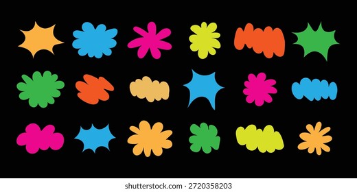 Formas abstratas de rabiscar de cores brilhantes e manchas em um fundo escuro. Figuras abstratas do Doodle geométrico no estilo pop art. Símbolo de Groovy Funky Shapes. ilustração vetorial.