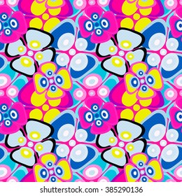 brightly colored abstract flowers on a black background seamless pattern vector illustration