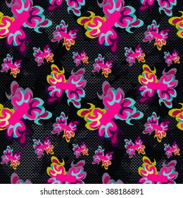 brightly colored abstract flowers on a black background seamless pattern