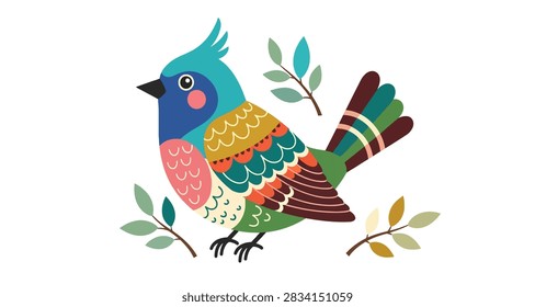 Brightly colored artistic bird with patterned plumage sitting on twig
