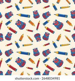 Mochilas e lápis de cores brilhantes são dispostos em um padrão perfeito, perfeito para projetos relacionados à educação e aprendizagem. Esta ilustração vetorial captura uma atmosfera divertida da escola