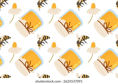 Brightly colored bees and honey jars designed in a cheerful pattern for a summer theme