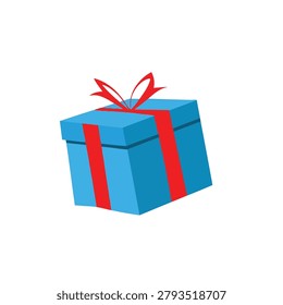 A brightly colored blue gift box tied with a striking red ribbon and a decorative bow, perfect for celebrations and special occasions.
