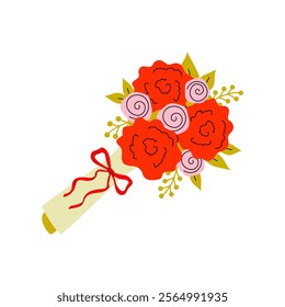 Brightly colored bouquet featuring red roses and pink flowers ready for a celebration