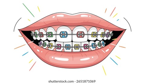 Brightly colored braces on teeth for dental correction and aesthetic appeal