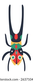 Brightly colored bug with long antennae, vibrant hues of red, green, yellow, and black, creating a striking visual contrast against white backdrop