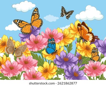 Borboletas coloridas vibram entre flores vivas sob um céu claro, apresentando uma ilustração vetorial viva e alegre