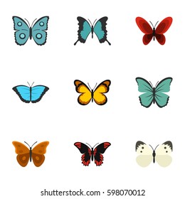 Brightly colored butterfly icons set. Flat illustration of 9 brightly colored butterfly vector icons for web