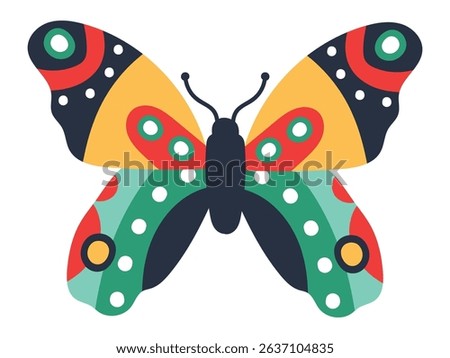 Brightly colored butterfly with open wings showcases a striking design of geometric shapes and patterns, blending nature's beauty with artistic flair
