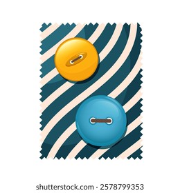 Brightly colored buttons on a scrap of fabric with a striped pattern, element for sewing and needlework. Vector illustration on transparent background. 