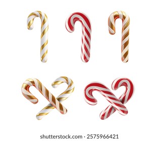 Brightly colored candy canes in several designs are showcased, featuring red, white, and gold stripes. These treats are ideal for holiday celebrations or as decorative accents.