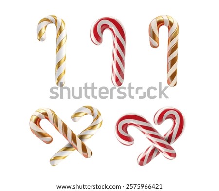 Brightly colored candy canes in several designs are showcased, featuring red, white, and gold stripes. These treats are ideal for holiday celebrations or as decorative accents.