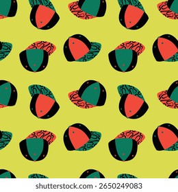 Brightly colored cap seamless pattern. Multicolored skater cap on bright yellow background. Perfect for trendy and creative projects.