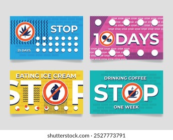 Brightly colored cards illustrate different timeframes for stopping activities like eating ice cream and drinking coffee, encouraging mindfulness and self-regulation through visual reminders.