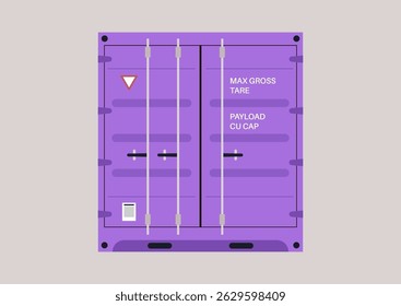 Brightly colored cargo container seen from the front stands out with clear markings and metal fittings