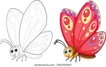 Brightly colored cartoon butterfly with happy expression