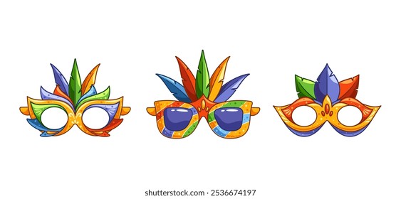 Brightly Colored Cartoon Carnival Glasses With Decorative Feathers And Patterns Create A Vibrant Atmosphere For Parties