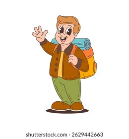 Brightly colored cartoon character cheerfully waving, wearing a backpack with sleeping bag, dressed in hiking gear, ready for outdoor adventure. Vector illustration