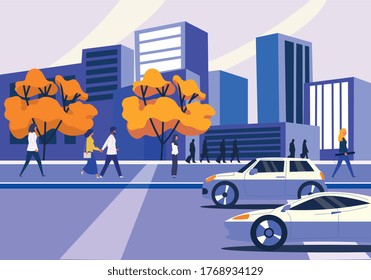 Brightly colored cartoon city street scene with traffic in the road and pedestrians walking in front of a cityscape, colored vector illustration