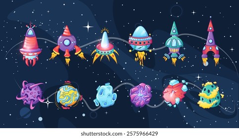 Brightly colored cartoon-style spaceships soar through a starry cosmic background, showcasing various creative designs and planets in a fun, imaginative journey.