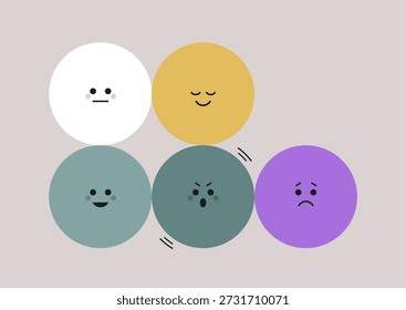Brightly colored circles express a range of emotions, featuring joy, sadness, surprise, and calmness, Each circle's unique expression adds depth to the exploration of feelings.