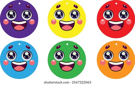 brightly colored circular emojis with large, sparkling eyes and joyful, open-mouthed expressions