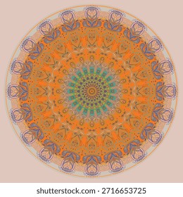 Mandala circular de colores brillantes con ricos detalles de inspiración india. Diseño ornamental de Vector adecuado para el arte de la pared, esteras de yoga, textiles y proyectos decorativos.