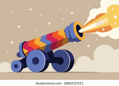 Brightly colored circus cannon decorated with chevron stripes shooting a flashy blast of fire and stars against a cloudy sky.