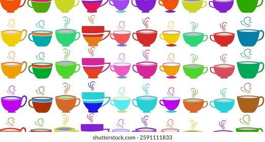 brightly colored coffee tea cups of different shapes seamless pattern on white background for fabric, wallpaper, packaging, kitchen decor and digital web design