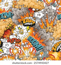 Brightly colored comic style pattern features various explosions with bold words like zap boom and ouch. Background filled with vibrant bursts and smoke effects creates dynamic energy.