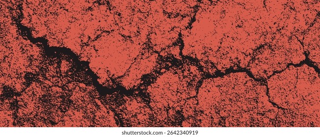 Brightly colored cracked surface displays a vibrant red hue intertwined with dark fissures. This unique texture evokes a sense of barren landscape and artistic expression found in natural elements.