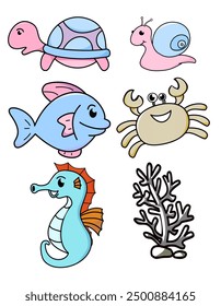 Brightly colored cute sea animals collection