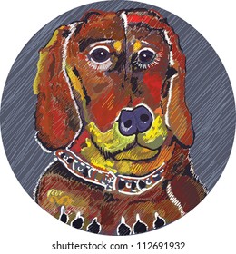 brightly colored dachshund with sad eyes in a circle
