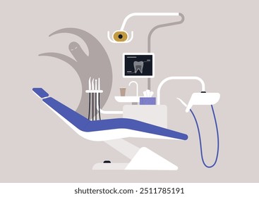 Em um consultório dentário de cores brilhantes, um monstro peculiar paira atrás de uma cadeira odontológica, incorporando o medo de visitas ao dentista, capturando o contraste de ansiedade e humor